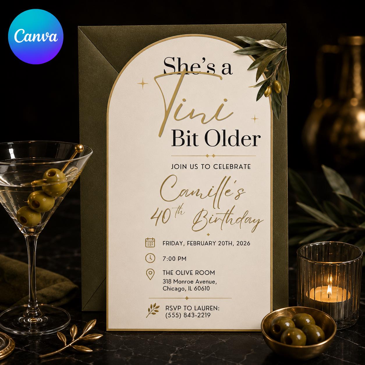 40th Birthday Martini Invitation, A Tini Bit Older Cocktail Party Invite for Her, Elegant Olive Gold Editable Canva Template - Image 6