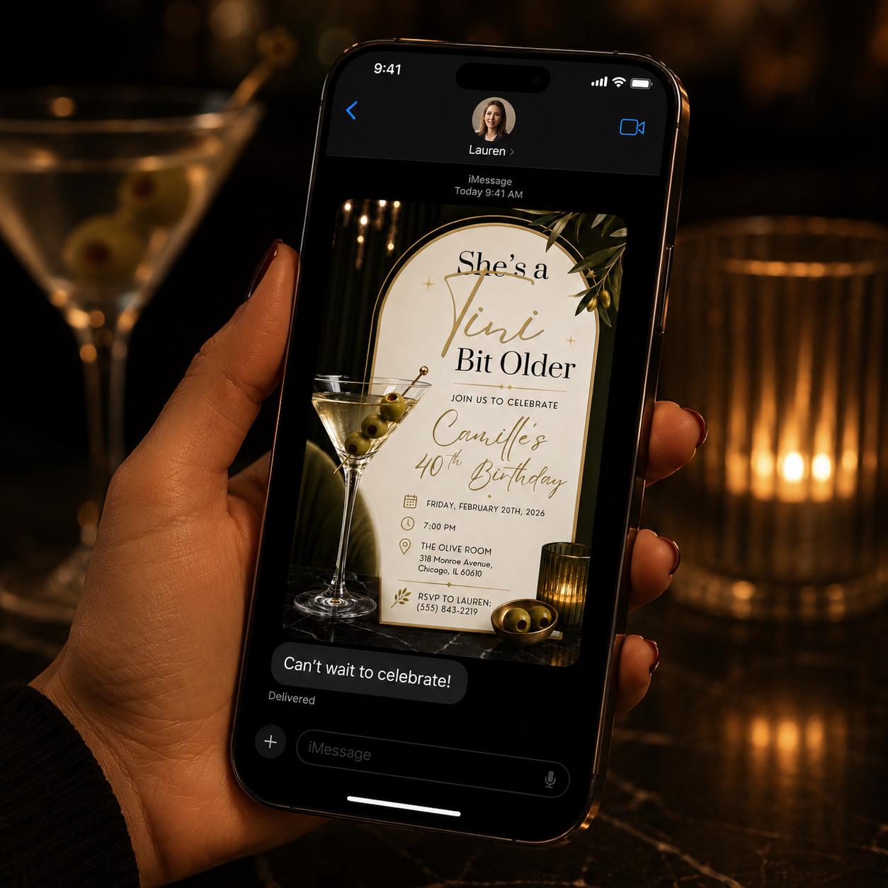 40th Birthday Martini Invitation, A Tini Bit Older Cocktail Party Invite for Her, Elegant Olive Gold Editable Canva Template - Image 4