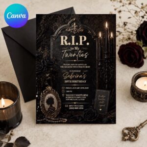 RIP Twenties 30th Birthday Invitation, Gothic Black Rose Funeral Party Invite, Death to My 20s Editable Canva Template
