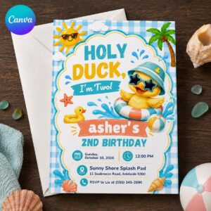 Holy Duck I'm Two Invitation, Duck 2nd Birthday Pool Party Invite for Boys, Editable Printable Canva Template