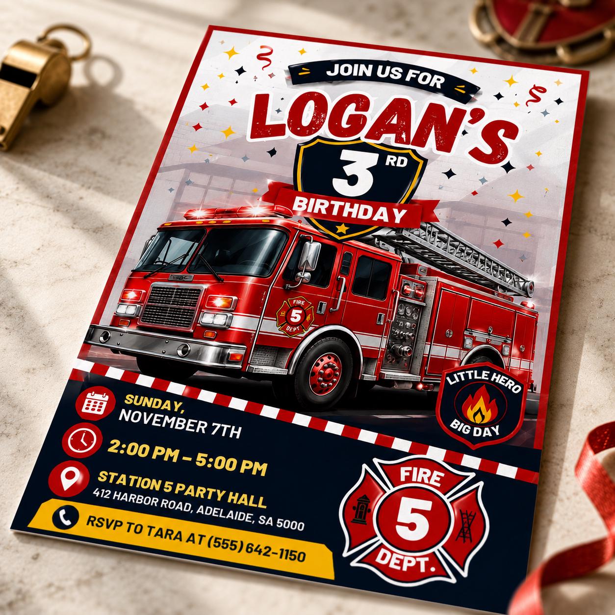 Fire Truck 3rd Birthday Invitation, Firefighter Party Invite for Boys, Editable Printable Canva Template - Image 5