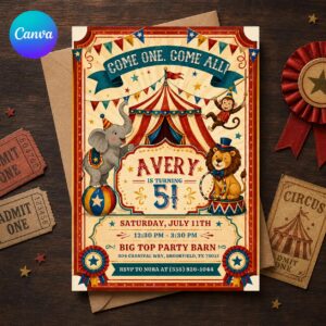 Circus 5th Birthday Invitation, Vintage Carnival Big Top Party Invite for Kids, Editable Printable Canva Template