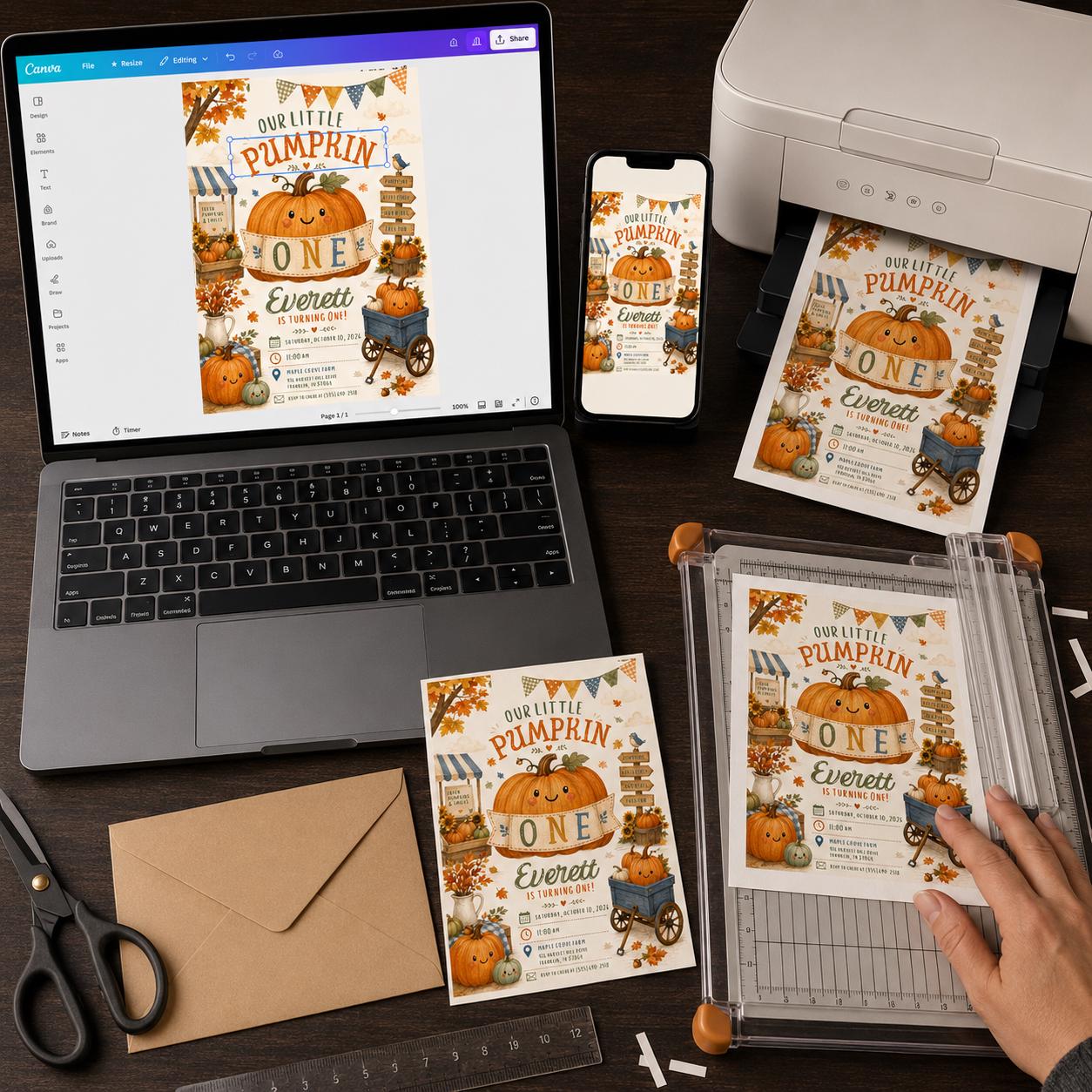 One Little Pumpkin First Birthday Invitation, Fall Pumpkin Party Invite for Boy or Girl, Editable Printable Canva Template - Image 6