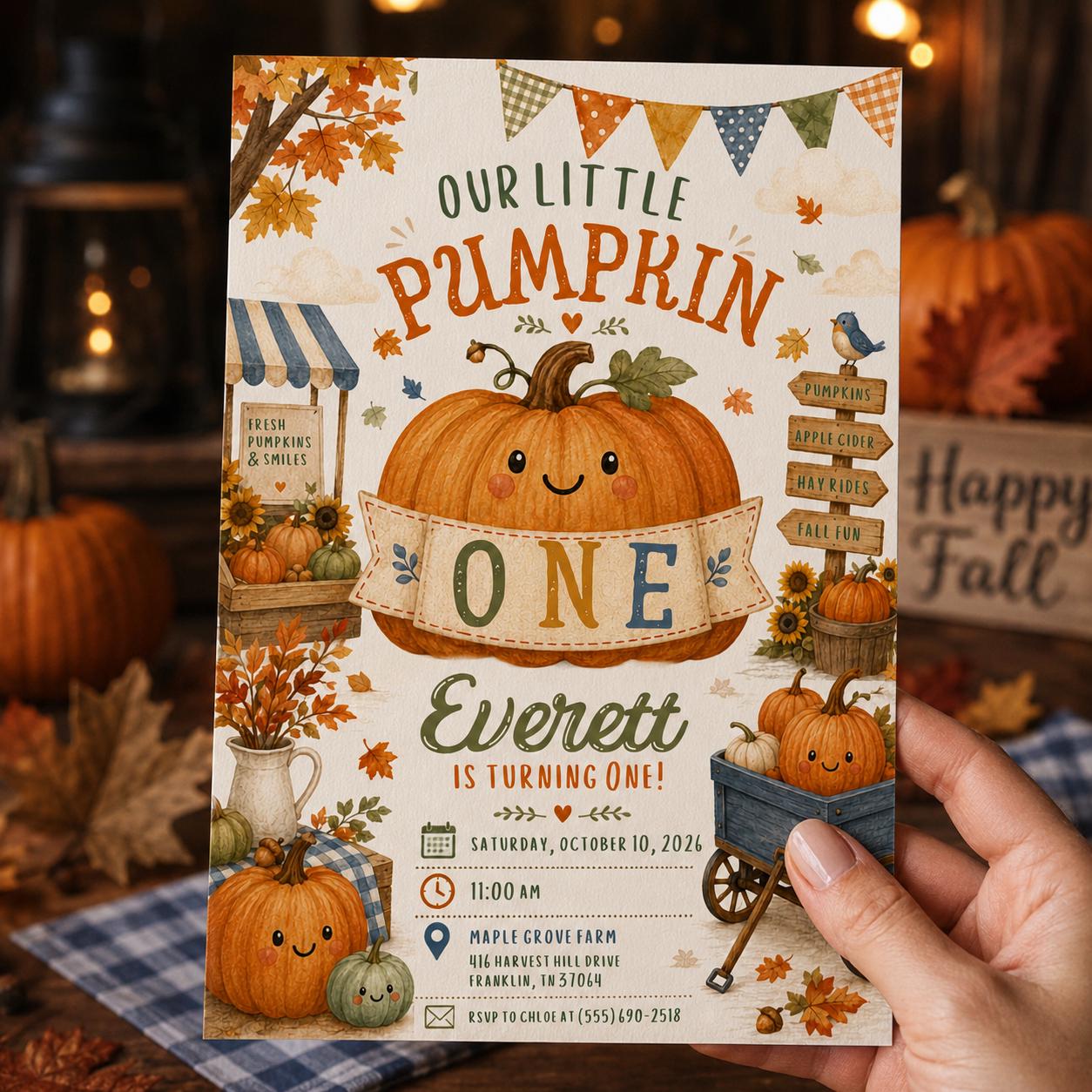 One Little Pumpkin First Birthday Invitation, Fall Pumpkin Party Invite for Boy or Girl, Editable Printable Canva Template - Image 5