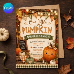 Little Pumpkin 4th Birthday Invitation, Rustic Fall Gingham Party Invite for Girls, Editable Printable Canva Template