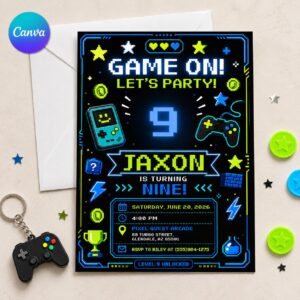 9th Birthday Gamer Invitation, Neon Video Game Arcade Party Invite for Boys, Editable Digital Canva Template