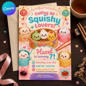Squishy Dumpling Birthday Invitation, Kawaii Dim Sum 7th Party Invite for Girls, Editable Printable Canva Template