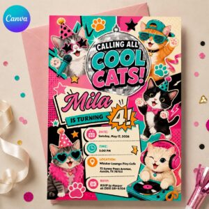 Cat 4th Birthday Invitation, Calling All Cool Cats Disco Kitty Party Invite for Girls, Editable Printable Canva Template