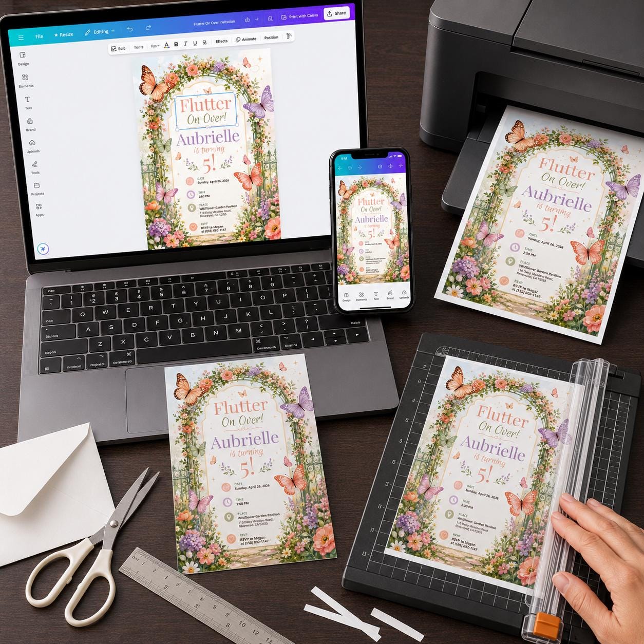 Butterfly 5th Birthday Invitation, Flutter On Over Floral Garden Party Invite for Girls, Editable Printable Canva Template - Image 4