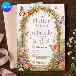 Butterfly 5th Birthday Invitation, Flutter On Over Floral Garden Party Invite for Girls, Editable Printable Canva Template