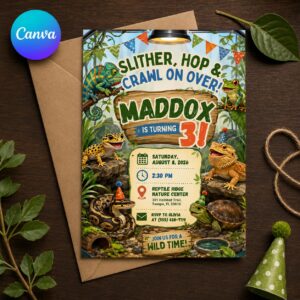 Reptile 3rd Birthday Invitation, Slither Hop and Crawl Party Invite, Snake Lizard Frog Theme, Editable Printable Canva Template