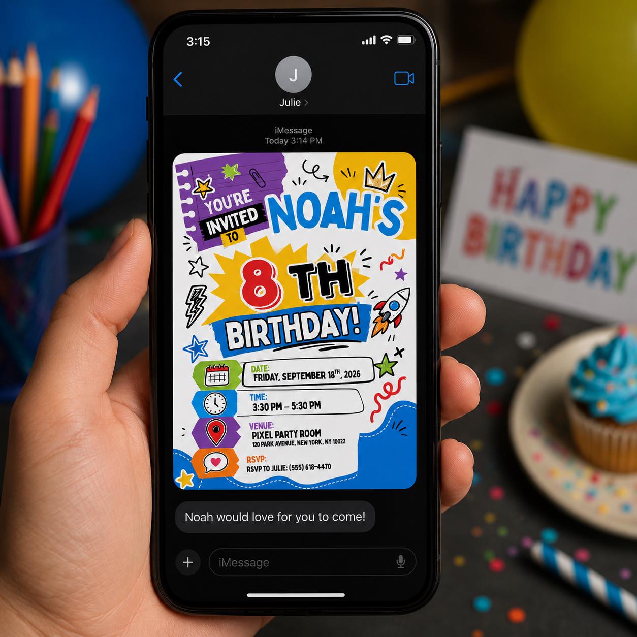 8th Birthday Invitation, Colorful Doodle Party Invite for Boys, Bright Editable Printable Canva Template - Image 6