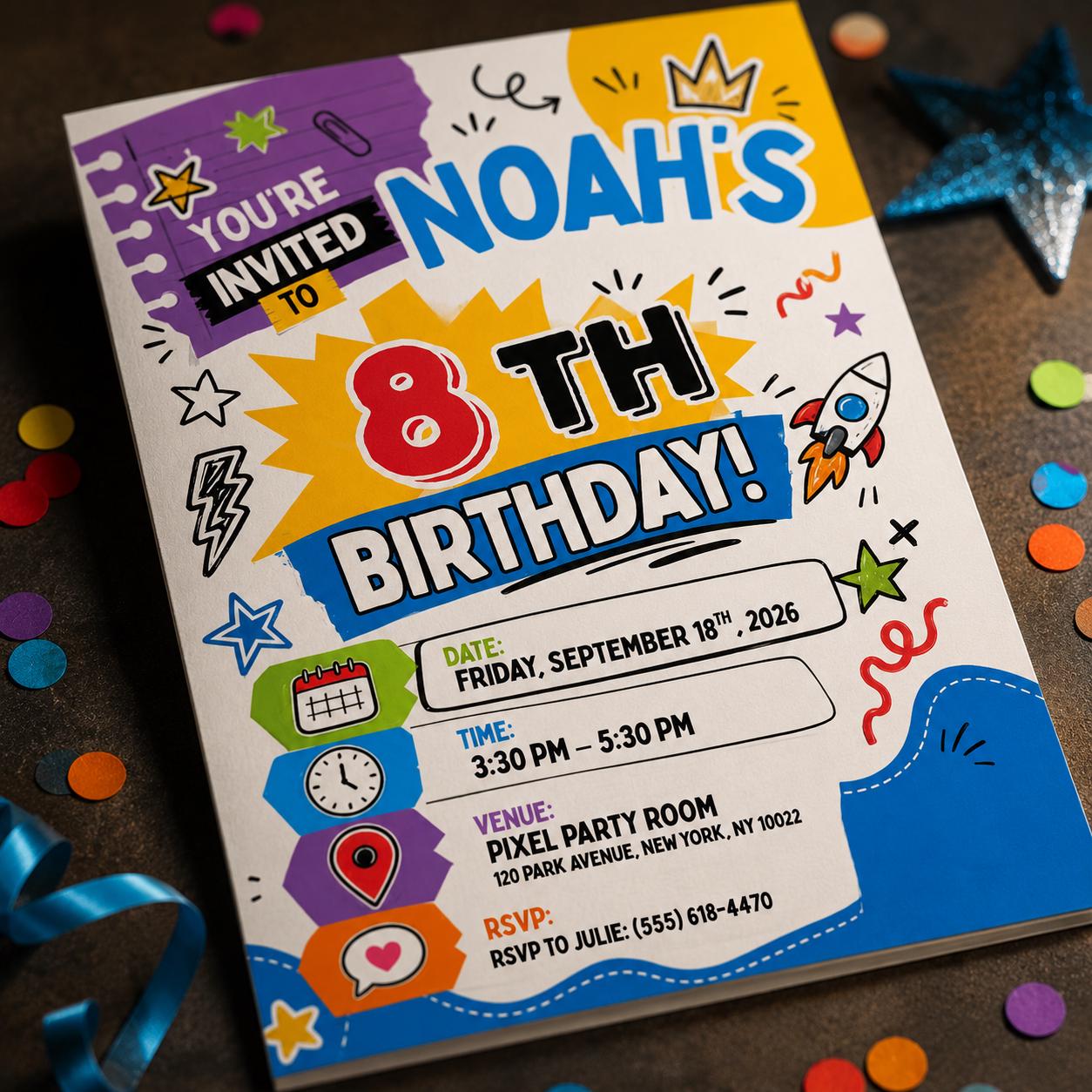 8th Birthday Invitation, Colorful Doodle Party Invite for Boys, Bright Editable Printable Canva Template - Image 4