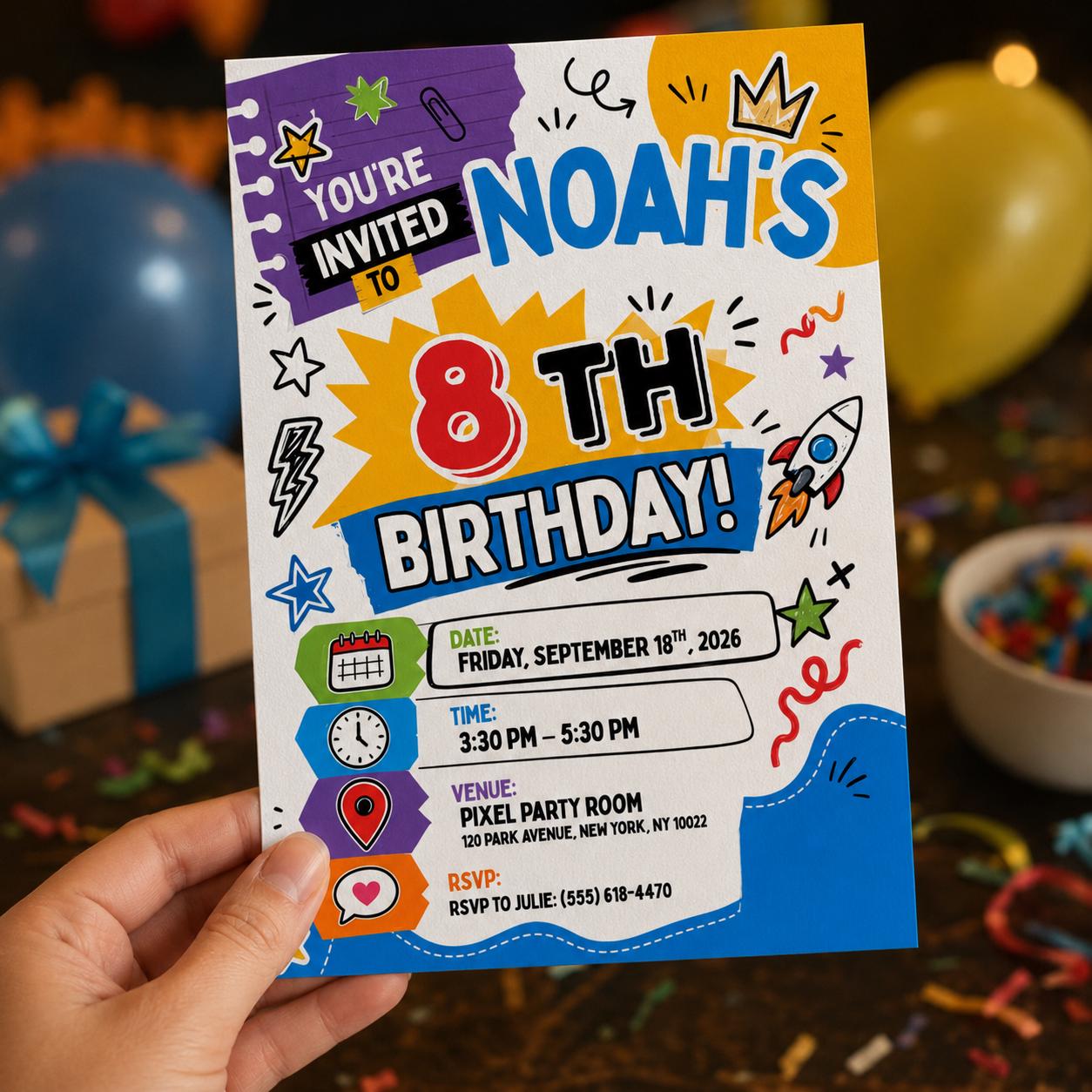 8th Birthday Invitation, Colorful Doodle Party Invite for Boys, Bright Editable Printable Canva Template - Image 5