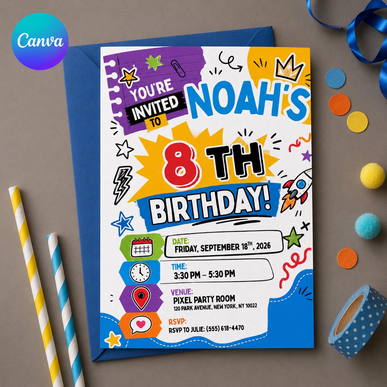 8th Birthday Invitation, Colorful Doodle Party Invite for Boys, Bright Editable Printable Canva Template
