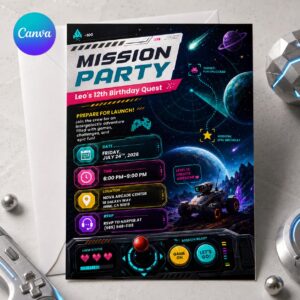12th Birthday Gamer Invitation, Outer Space Galaxy Mission Arcade Party Invite for Boys, Editable Digital Canva Template