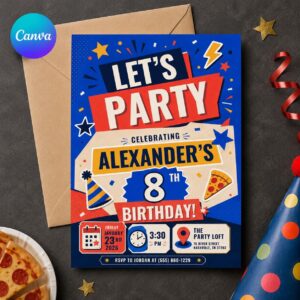 8th Birthday Invitation, Colorful Modern Kids Party Invite for Boys or Girls, Editable Printable Canva Template
