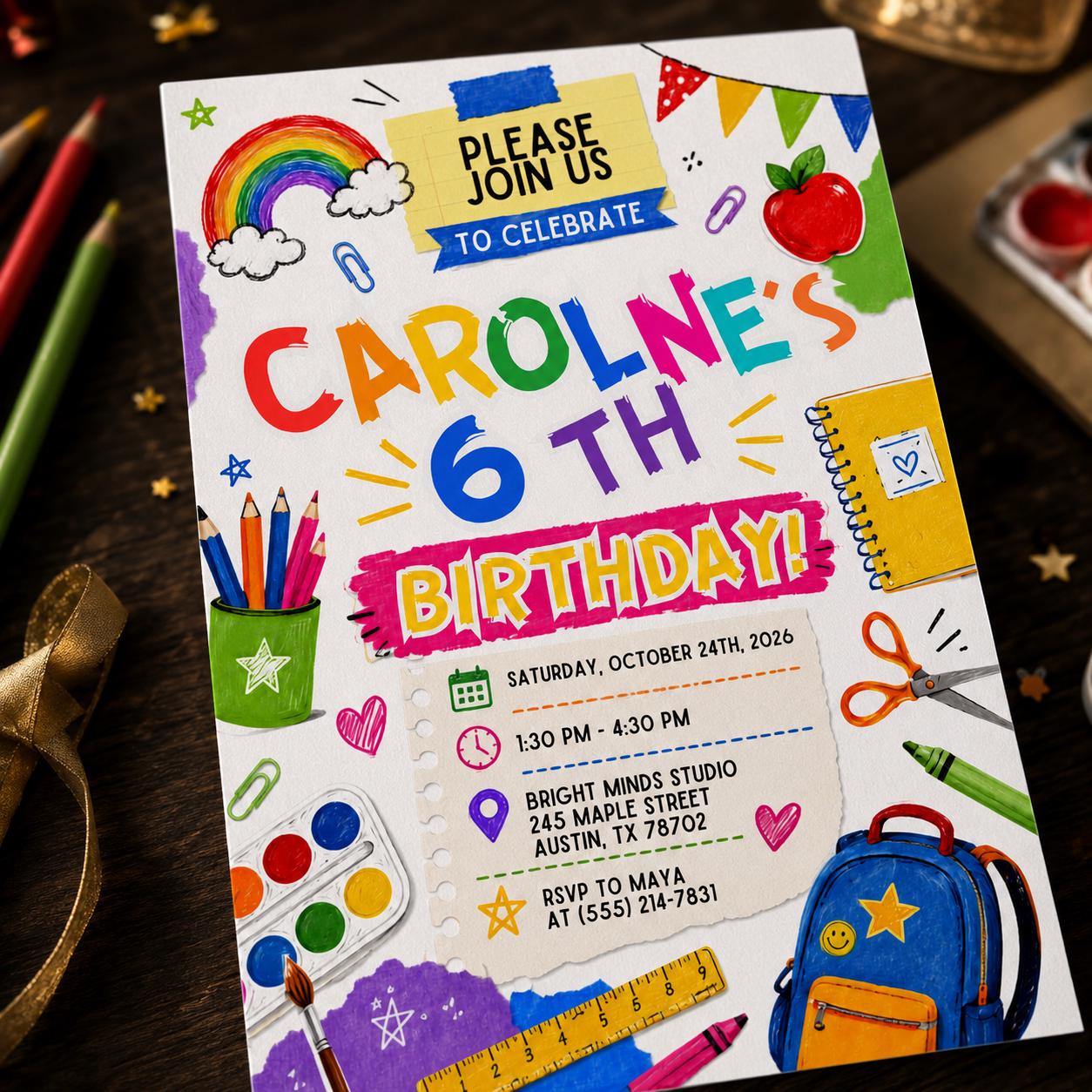 6th Birthday Invitation, Colorful School Doodle Art Party Invite for Kids, Editable Printable Canva Template - Image 3