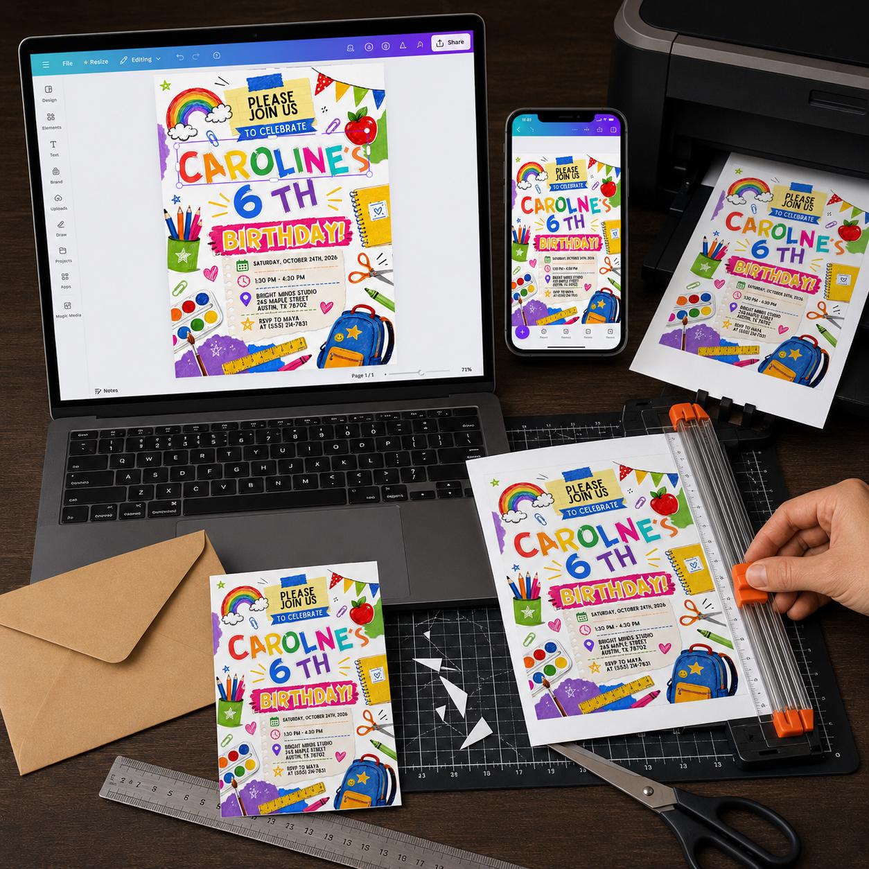 6th Birthday Invitation, Colorful School Doodle Art Party Invite for Kids, Editable Printable Canva Template - Image 4