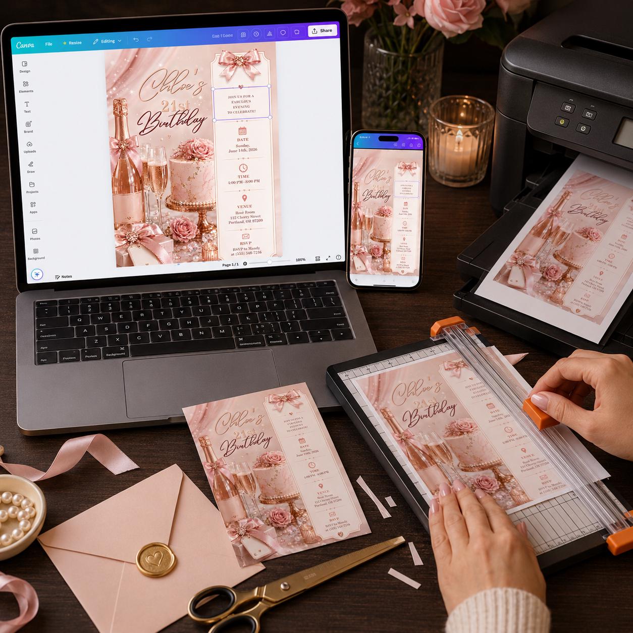 21st Birthday Invitation, Blush Pink Rose Gold Bow Party Invite for Her, Elegant Editable Printable Canva Template - Image 3