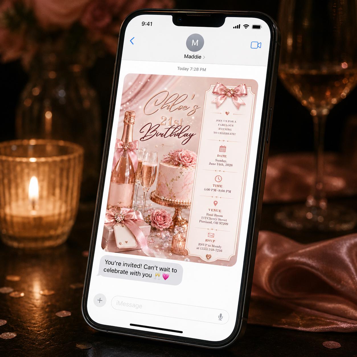 21st Birthday Invitation, Blush Pink Rose Gold Bow Party Invite for Her, Elegant Editable Printable Canva Template - Image 5