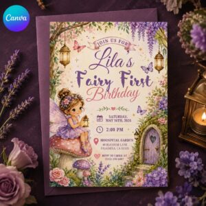 Fairy First Birthday Invitation, Enchanted Garden Fairy Party Invite for Girls, Editable Printable Canva Template