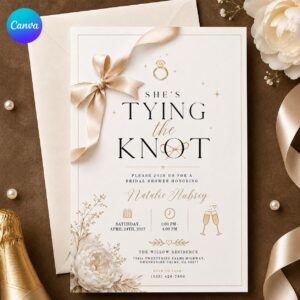 Bridal Shower Invitation, She's Tying the Knot Champagne Bow Party, Neutral Gold Editable Printable Canva Template