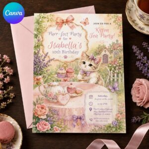 Kitten Tea Party Invitation, 10th Birthday Cat Party Invite for Girls, Floral Pastel Editable Printable Canva Template