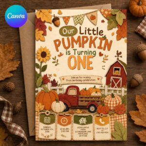 Little Pumpkin First Birthday Invitation, Fall Farm Truck Party Invite for Boy or Girl, Editable Printable Canva Template