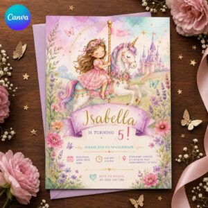 Unicorn Carousel 5th Birthday Invitation, Pastel Princess Horse Party Invite for Girls, Editable Printable Canva Template