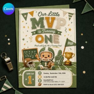 Football First Birthday Invitation, Our Little MVP First Year Down Party Invite for Boys, Editable Printable Canva Template