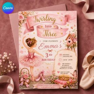 Ballerina 3rd Birthday Invitation, Twirling Into Three Pink Ballet Party Invite for Girls, Editable Printable Canva Template