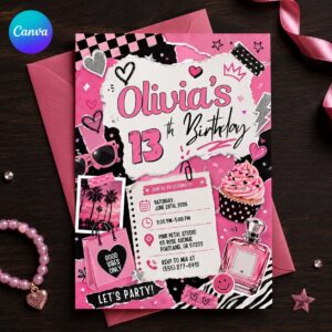 13th Birthday Invitation for Girls, Pink Black Preppy Teen Party Invite, Trendy Editable Printable Canva Template