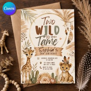 Two Wild 2nd Birthday Invitation, Boho Safari Jungle Animal Party Invite for Girls, Editable Printable Canva Template