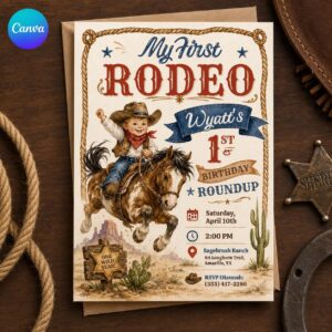 First Rodeo Birthday Invitation, Cowboy Western 1st Birthday Party Invite for Boys, Editable Printable Canva Template