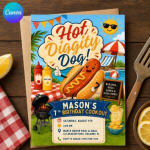 Hot Diggity Dog 7th Birthday Invitation, Backyard BBQ Pool Party Cookout Invite for Boys, Editable Printable Canva Template