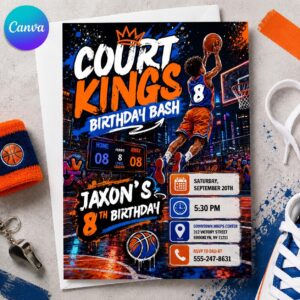 Basketball 8th Birthday Invitation, Court Kings Sports Party Invite for Boys, Urban Hoops Editable Printable Canva Template