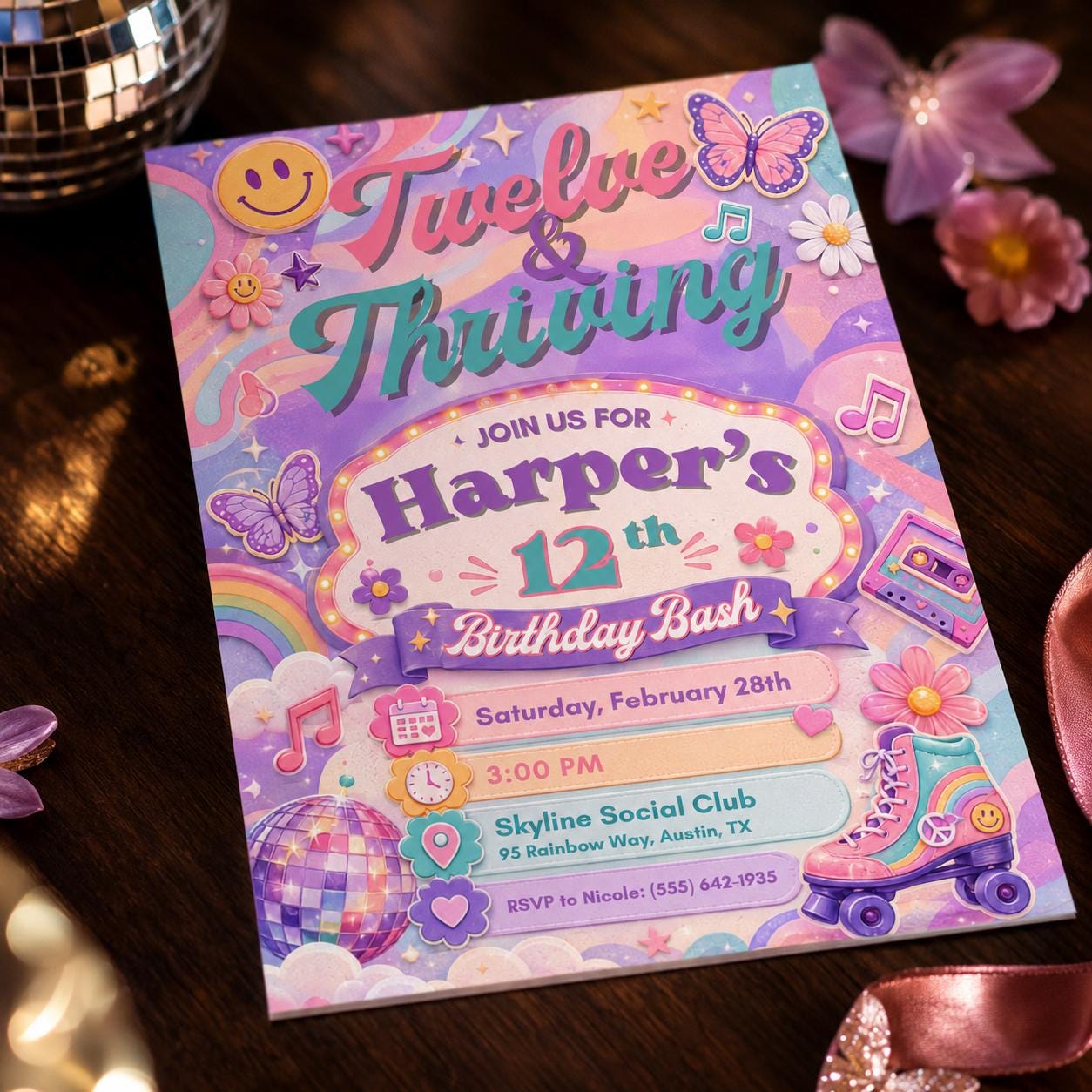12th Birthday Roller Skating Invitation, Tween Retro Disco Skate Party Invite for Girls, Editable Printable Canva Template - Image 4