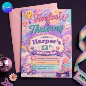12th Birthday Roller Skating Invitation, Tween Retro Disco Skate Party Invite for Girls, Editable Printable Canva Template