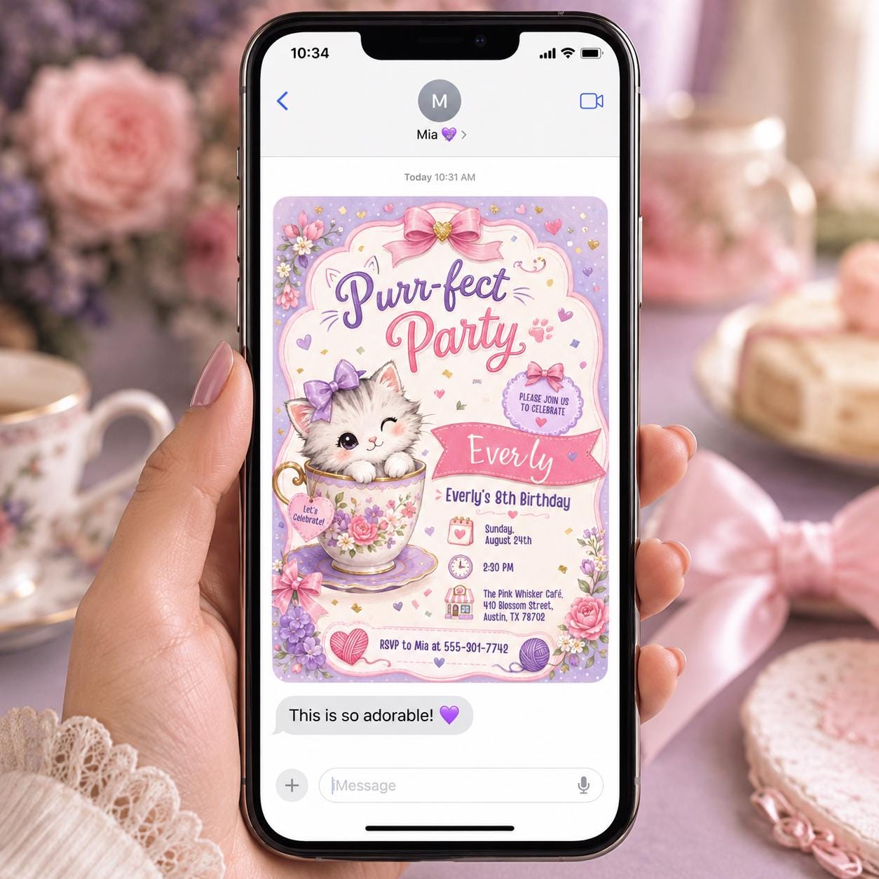 Kitten Tea Party Invitation, Purr-fect 8th Birthday Cat Party Invite for Girls, Editable Printable Canva Template - Image 5