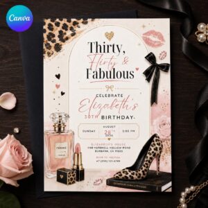 30th Birthday Invitation, Thirty Flirty and Fabulous Leopard Glam Party Invite for Her, Editable Printable Canva Template