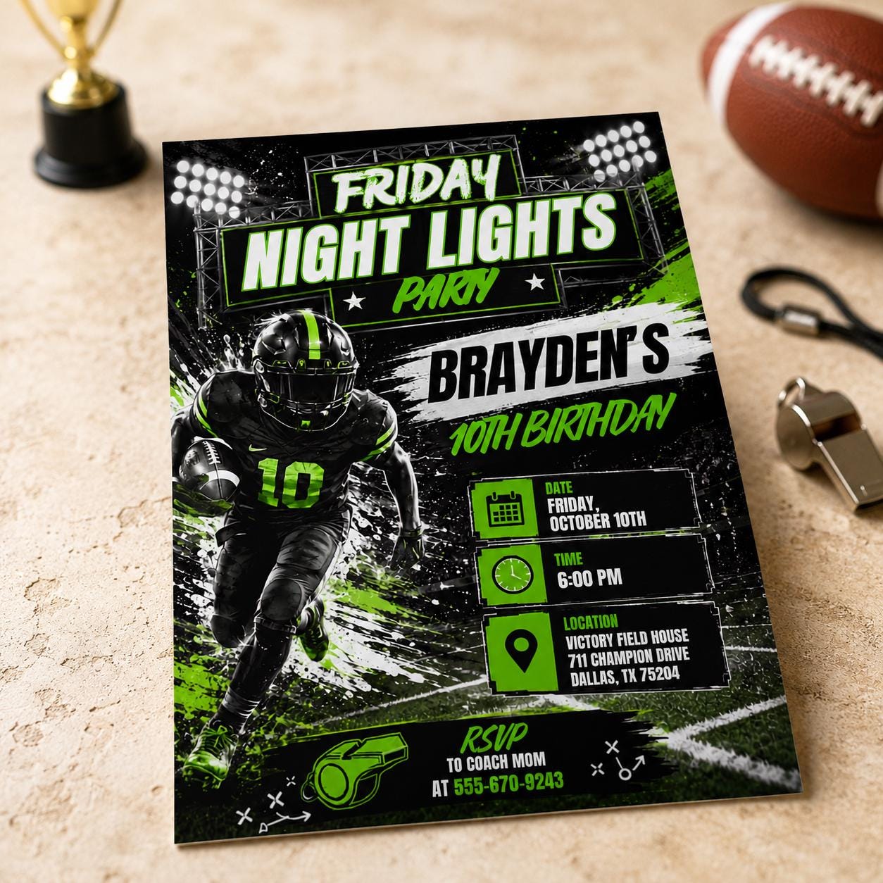 Football 10th Birthday Invitation, Friday Night Lights Sports Party Invite for Boys, Editable Printable Canva Template - Image 3