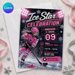 Pink Ice Hockey Birthday Invitation, 9th Birthday Sports Party Invite for Girls, Editable Printable Canva Template
