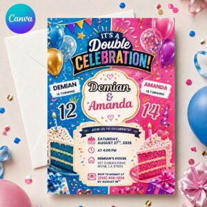 Sibling Birthday Invitation, Double Celebration Boy Girl Joint Party Invite, Colorful Editable Printable Canva Template