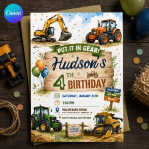 Tractor 4th Birthday Invitation, Put It in Gear Farm Construction Party Invite for Boys, Editable Printable Canva Template