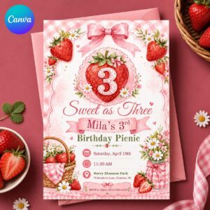 Strawberry 3rd Birthday Invitation, Sweet as Three Pink Gingham Picnic Party Invite for Girls, Editable Printable Canva Template
