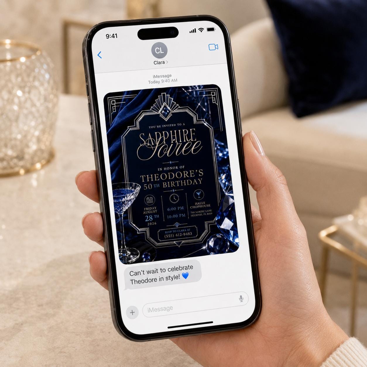 50th Birthday Invitation, Sapphire Jubilee Navy Blue Art Deco Cocktail Party Invite, Editable Printable Canva Template - Image 5