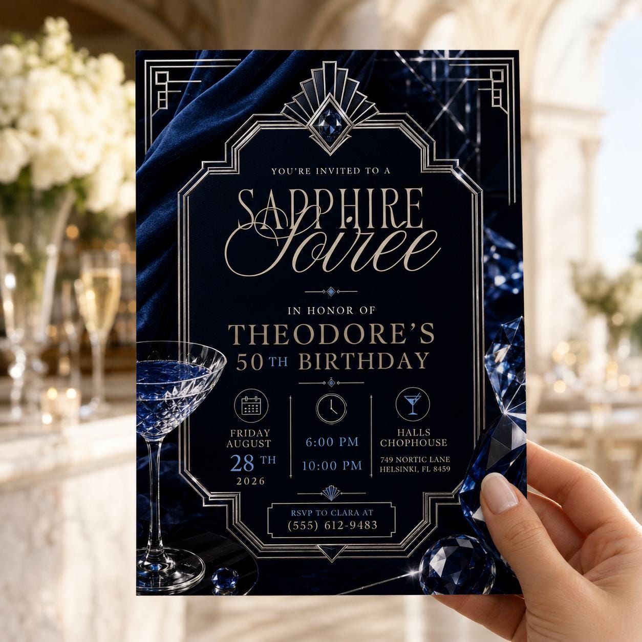 50th Birthday Invitation, Sapphire Jubilee Navy Blue Art Deco Cocktail Party Invite, Editable Printable Canva Template - Image 6