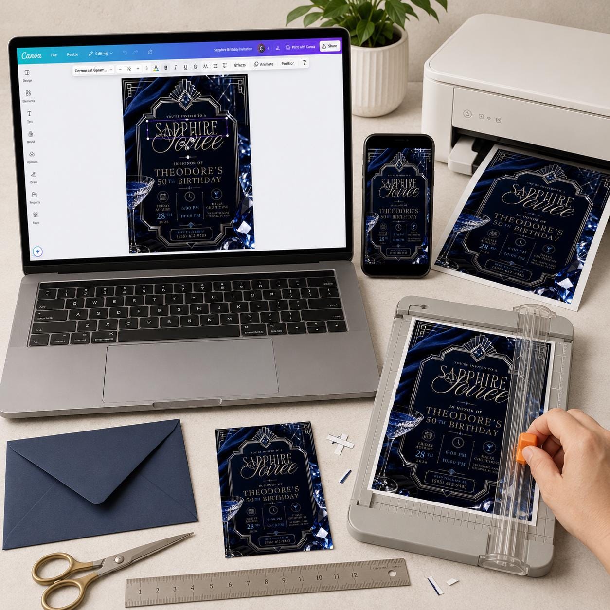 50th Birthday Invitation, Sapphire Jubilee Navy Blue Art Deco Cocktail Party Invite, Editable Printable Canva Template - Image 4