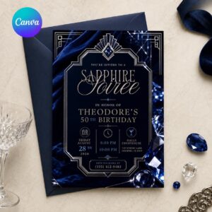 50th Birthday Invitation, Sapphire Jubilee Navy Blue Art Deco Cocktail Party Invite, Editable Printable Canva Template
